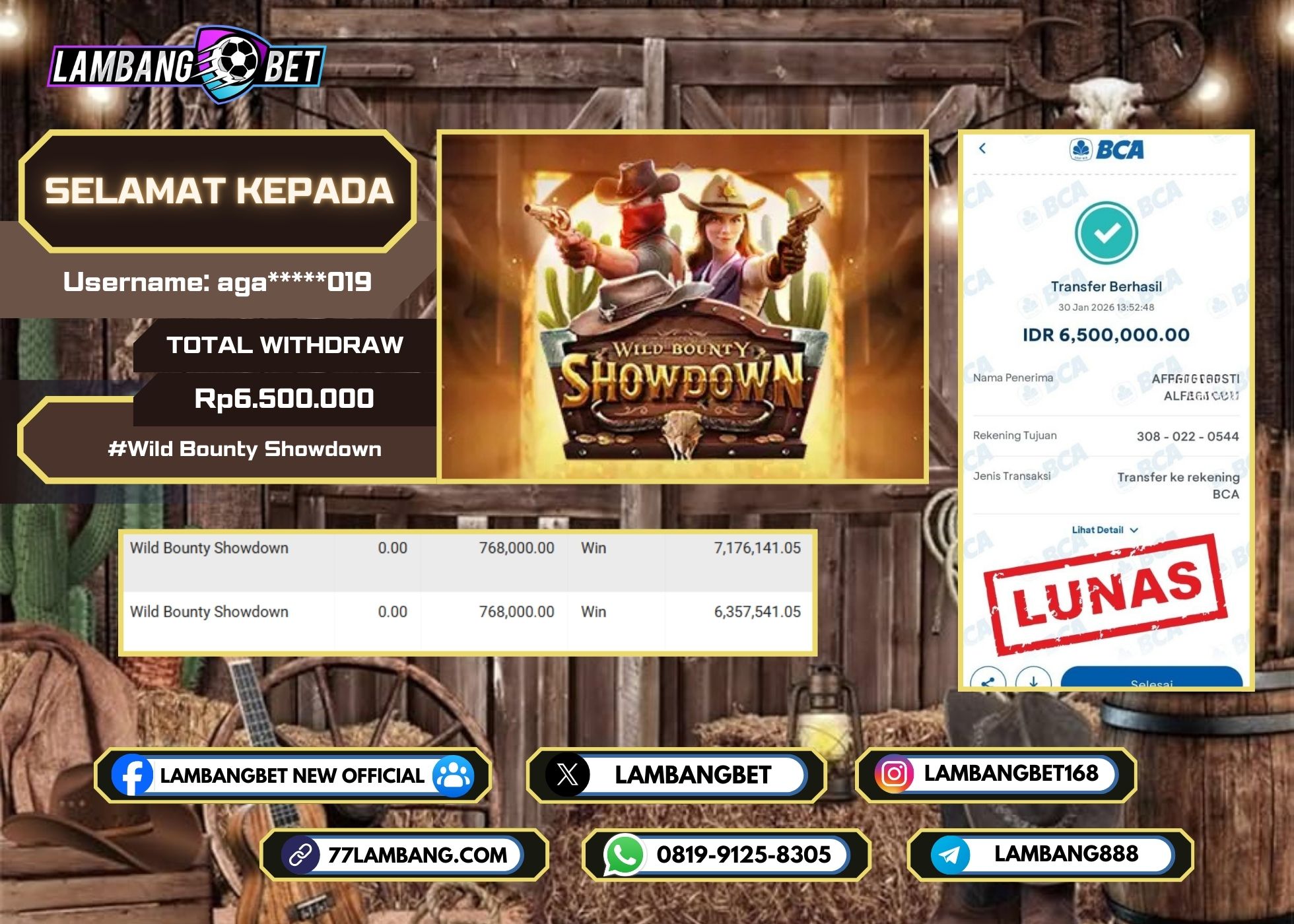 LAMBANGBET [30 JANUARI 2026] JACKPOT SLOT Wild Bounty Showdown "Rp6.500.000" LUNAS
